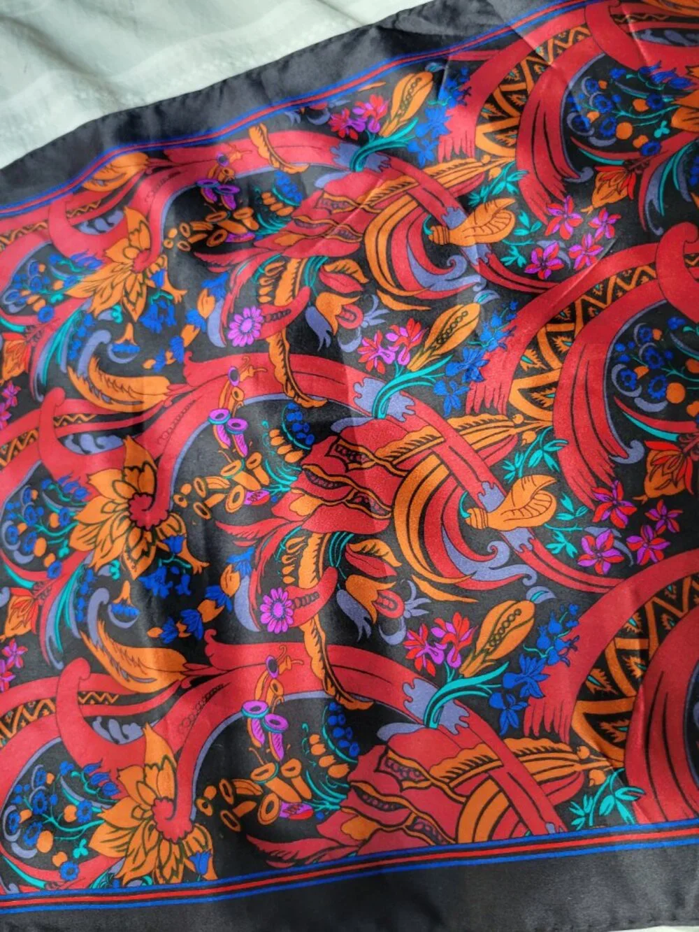 Vintage 100% Silk Oblong Scarf Black Floral Scroll Vibrant Colorful 14
